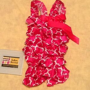 ***** Hot Pink Quadrafoil Print Satin Romper  HPQR  Small 3M-12M  NWT Boutique
